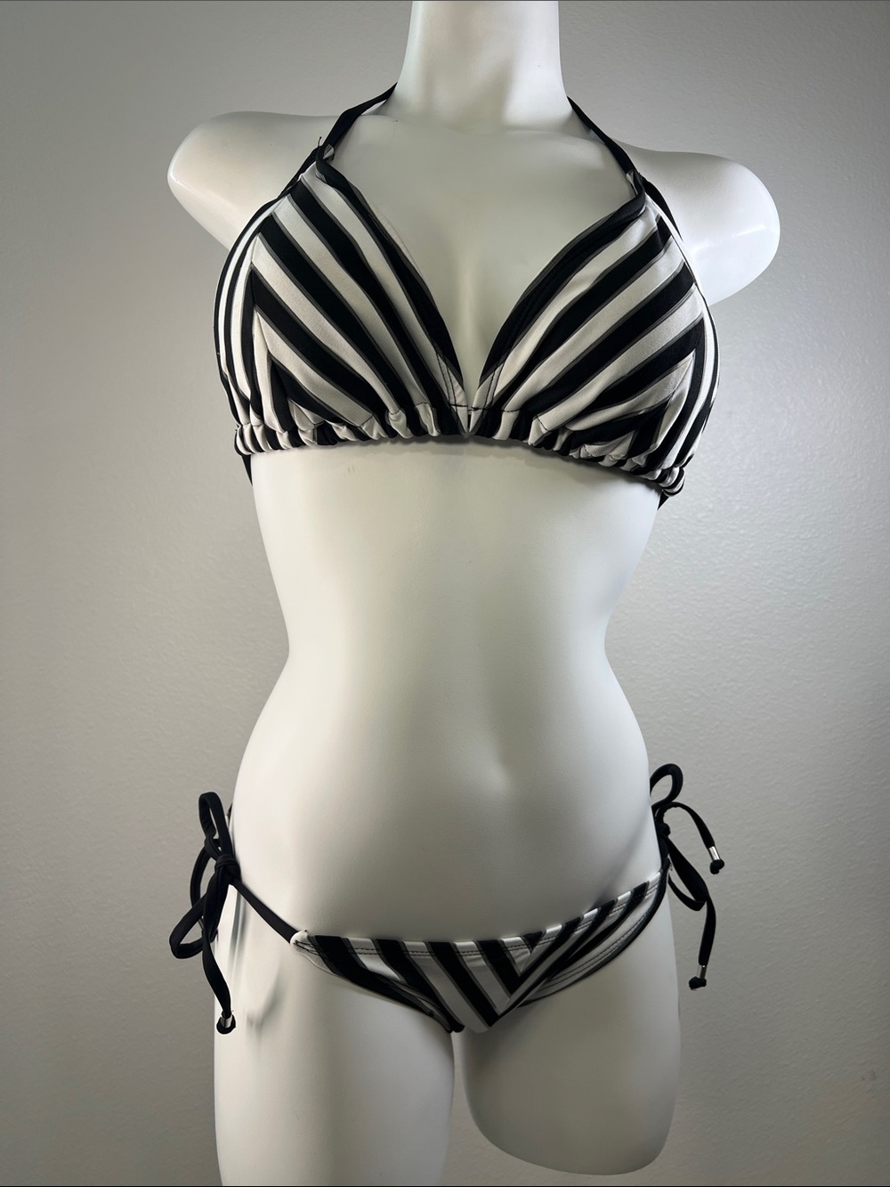 BECCA Black and White Striped Tie-Side Bikini Set SMALL